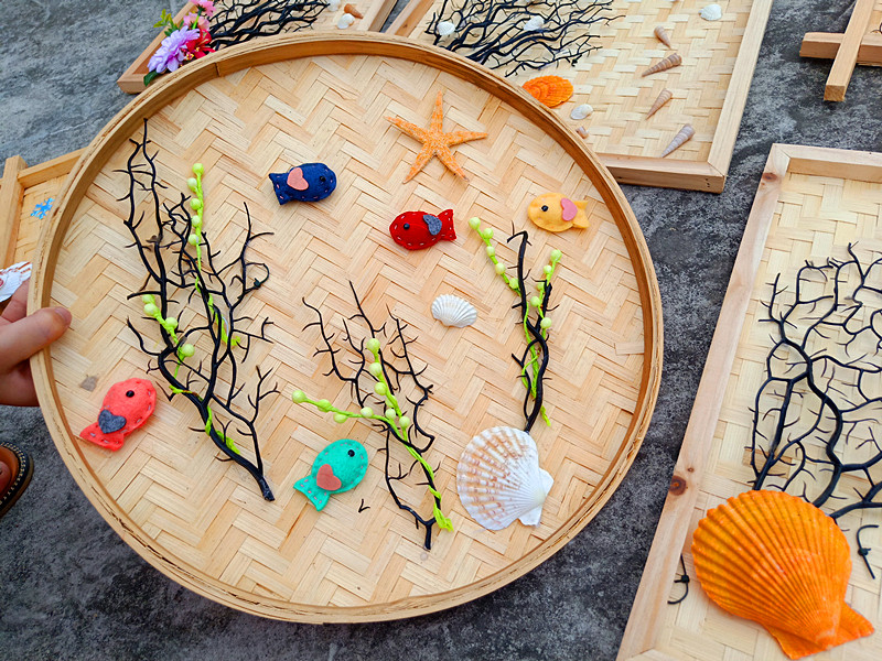 幼儿园墙面装饰品挂饰竹盘竹筐工艺品摆件创意画框项坠