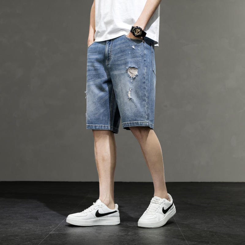 破洞牛仔短裤男士2022新款夏季薄款潮流外穿休闲宽松五分直筒中裤