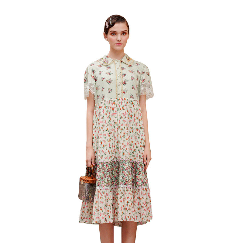 charfen朝峰2021夏新款新款复古碎花短袖中长连衣裙连衣裙