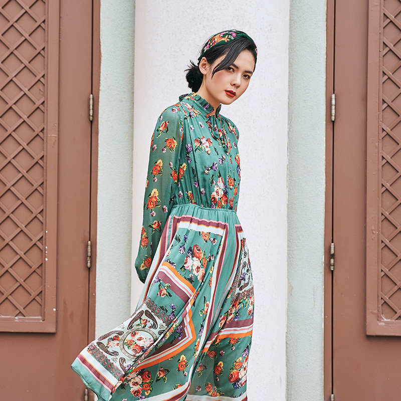 charfen朝峰女装正品初秋古典印花长裙几何花型连衣裙