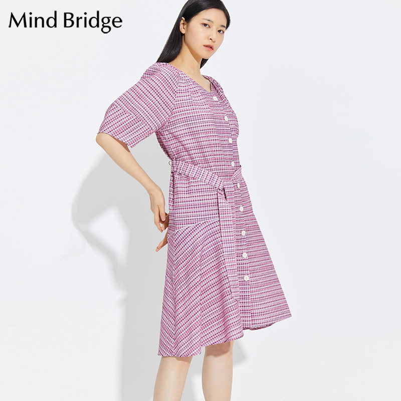 mindbridge百家好连衣裙中长夏季新款韩版格桔梗muop321q连衣裙