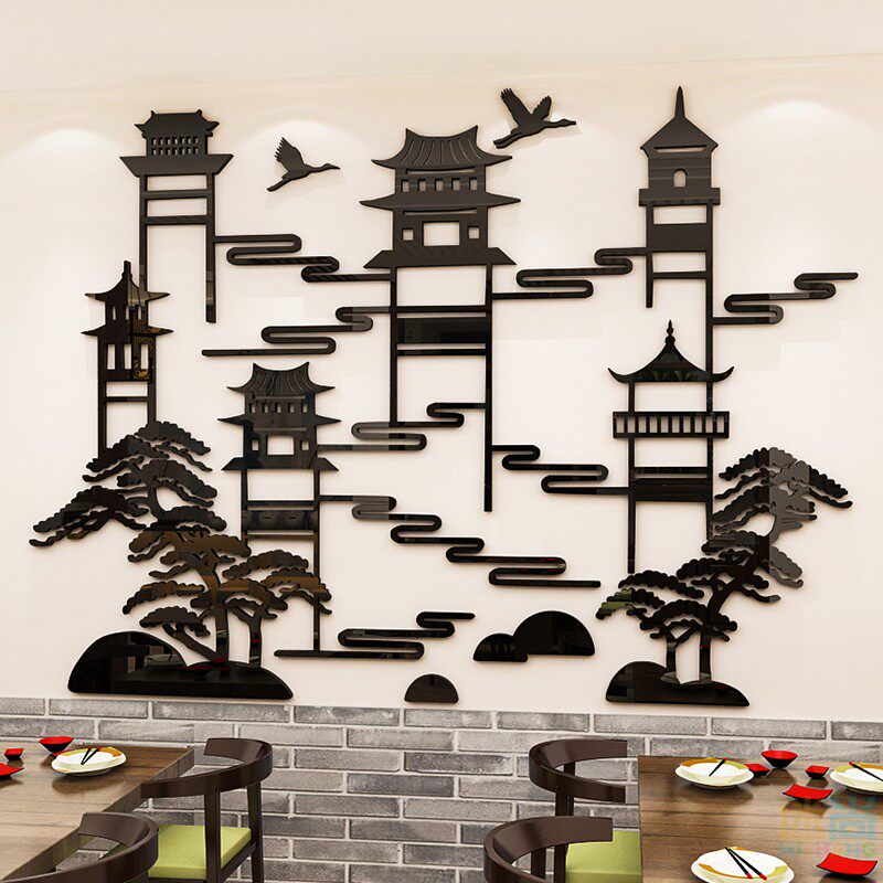 江南古镇贴纸创意饭店背景墙墙面装饰3d立体墙贴
