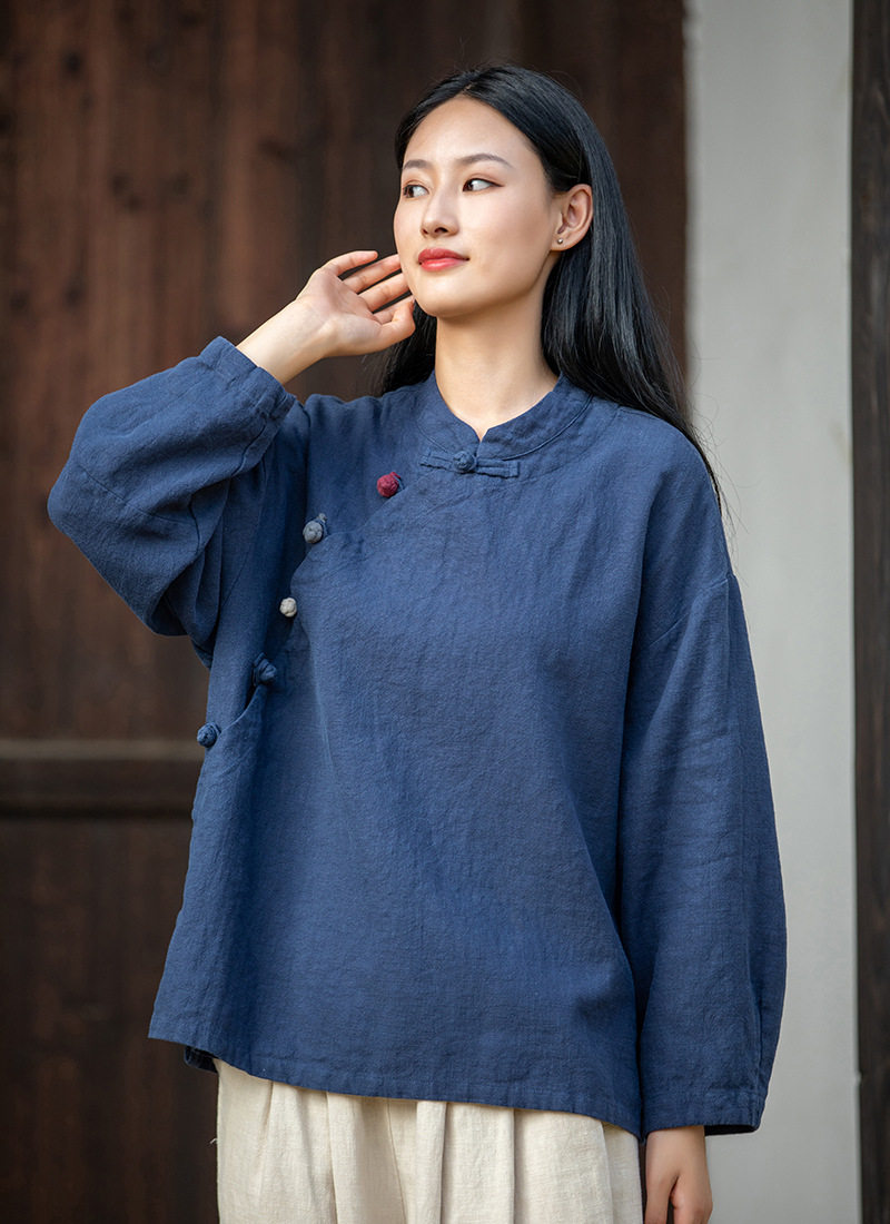 麻布布衣原创棉麻女装复古立领斜襟盘扣上上衣衬衫