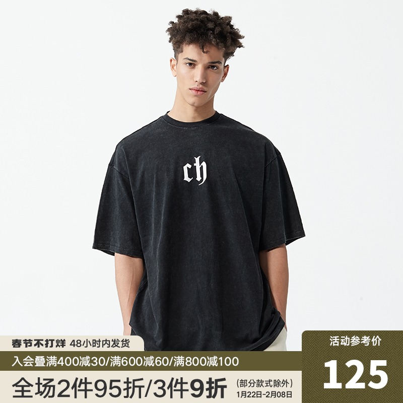 CHINISM  CH短袖t恤男水洗做旧美式高街潮牌宽松黑色夏季男生半袖
