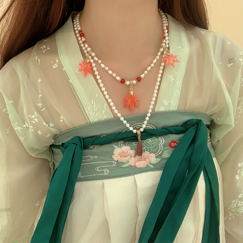 璎珞坦领汉服襦裙发饰原创枫叶手工古风配饰项链