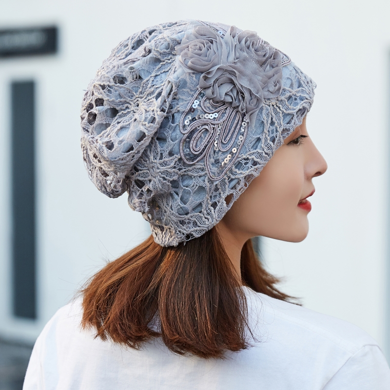 帽子子女包头蕾丝蕾丝花花朵春秋韩版薄光头帽堆堆帽子