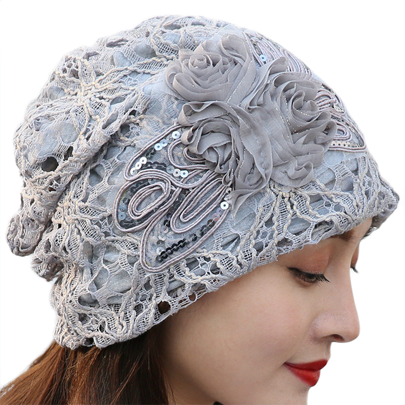 帽子子女包头蕾丝蕾丝花花朵春秋韩版薄光头帽堆堆帽子
