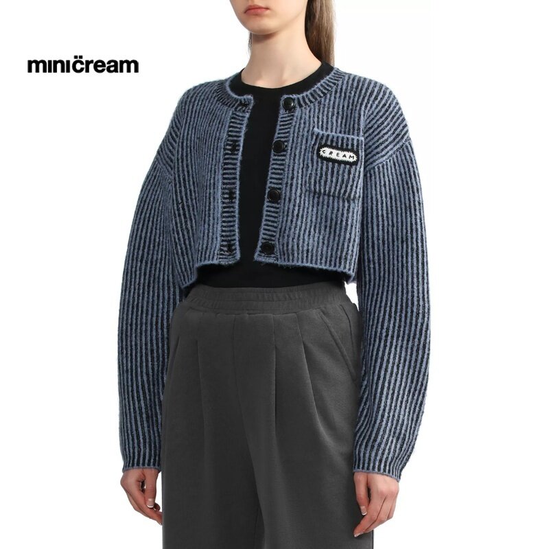 minicream女装2022新款品牌logo刺绣布贴短款毛针织衫