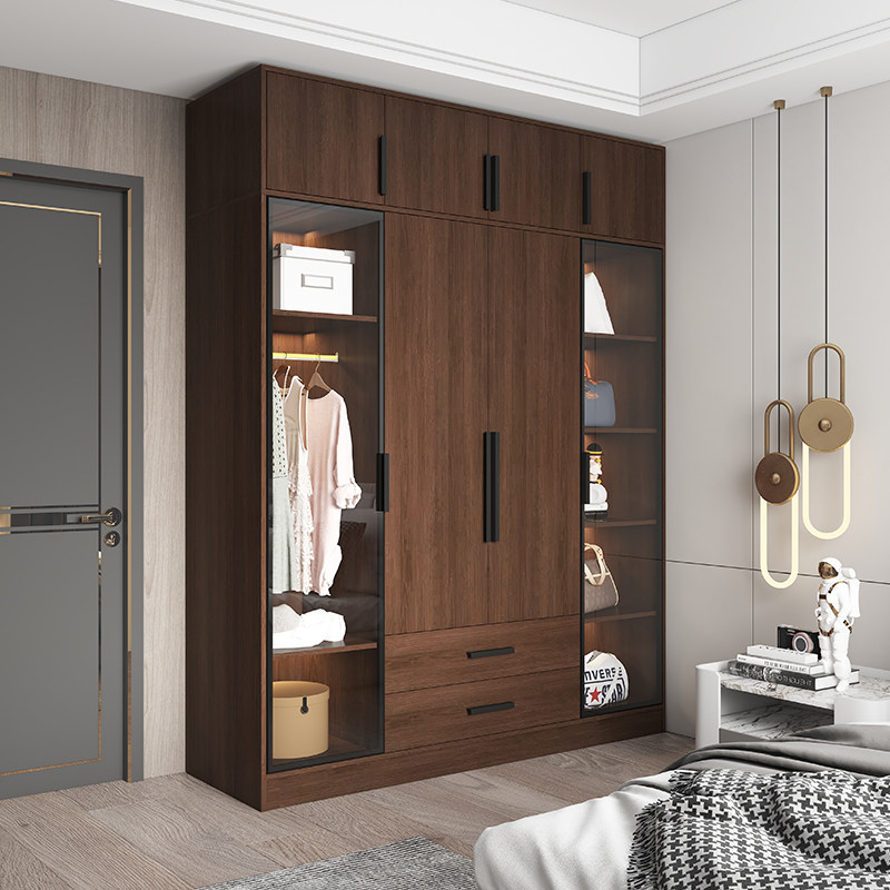 北欧现代简约卧室平开玻璃门大衣衣橱轻奢胡桃胡桃木独立衣柜