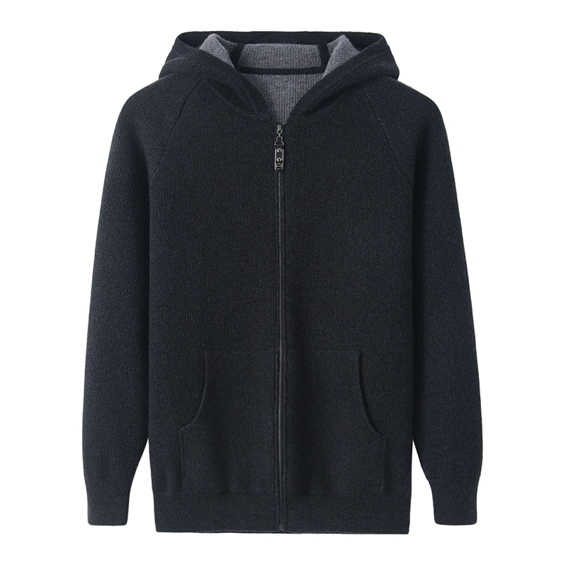 产自鄂尔多斯市100%纯山羊绒衫男连帽拉链开衫带帽外套加厚毛衣