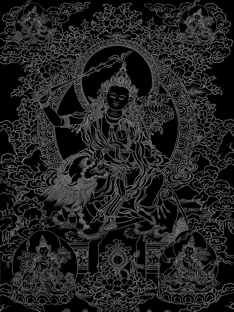 佛像唐卡描金五部文殊菩萨白描线稿画稿涂色diy