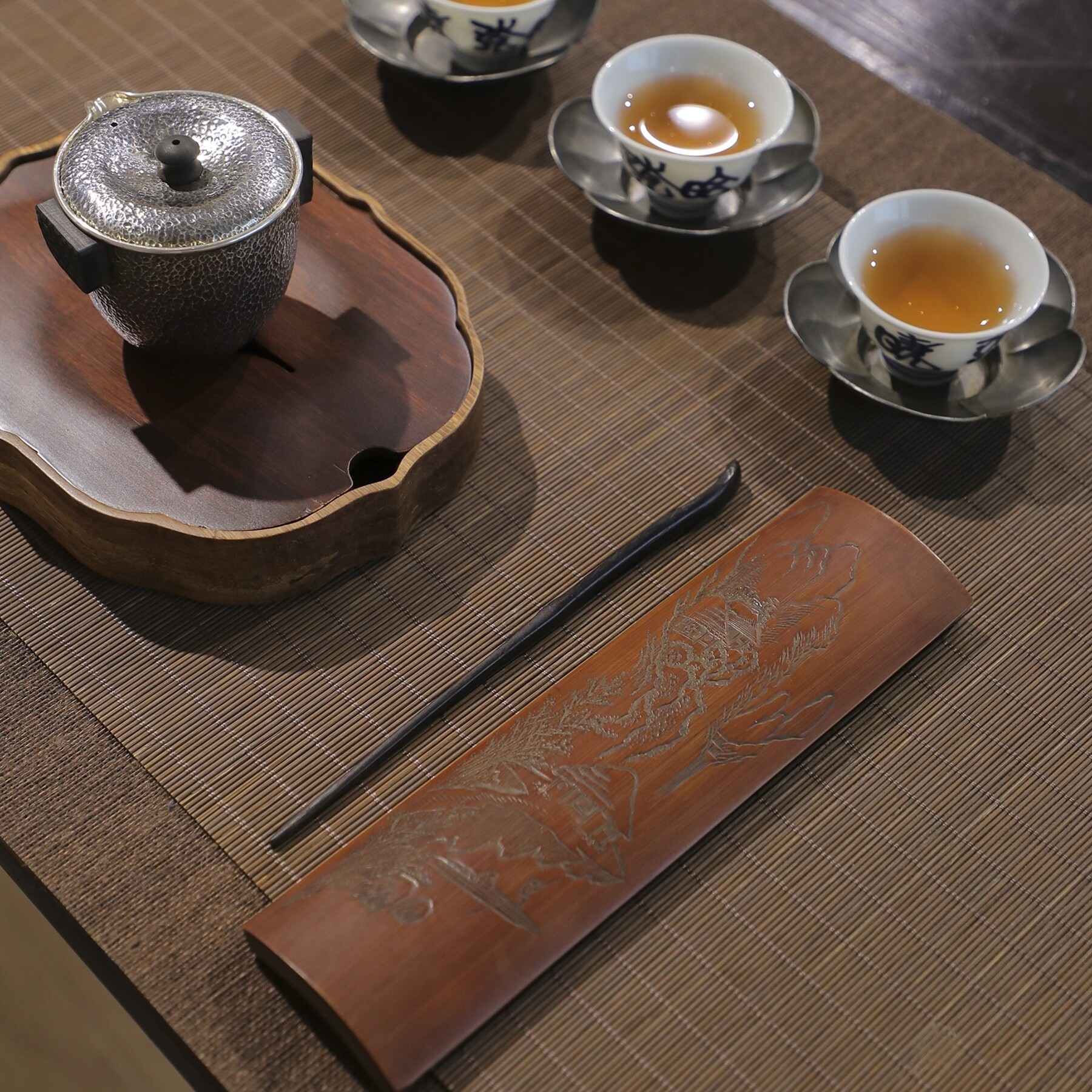 秦藏阁日本老竹手工雕刻山水人家功夫茶茶荷茶置茶道茶道