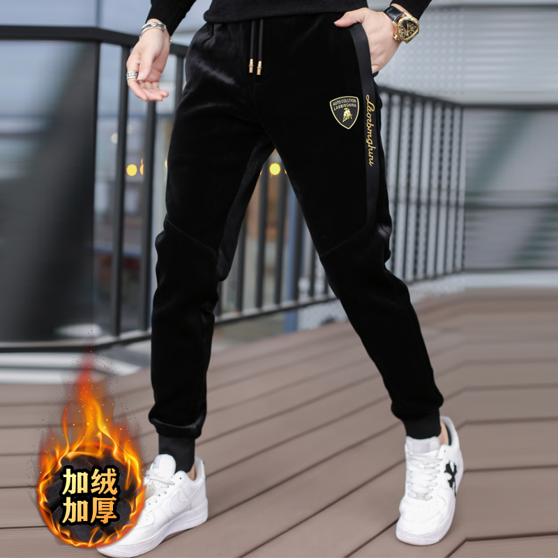 大金牛金丝绒刺绣休闲裤男士时尚修身帅气加绒加厚灯芯绒束脚裤子