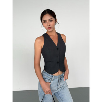 NEVA HU ສີດໍາຊຸດເສື້ອ V-neck waistcoat ອອກແບບແມ່ຍິງ sexy summer ເສື້ອ cardigan sleeveless halter ເທິງ