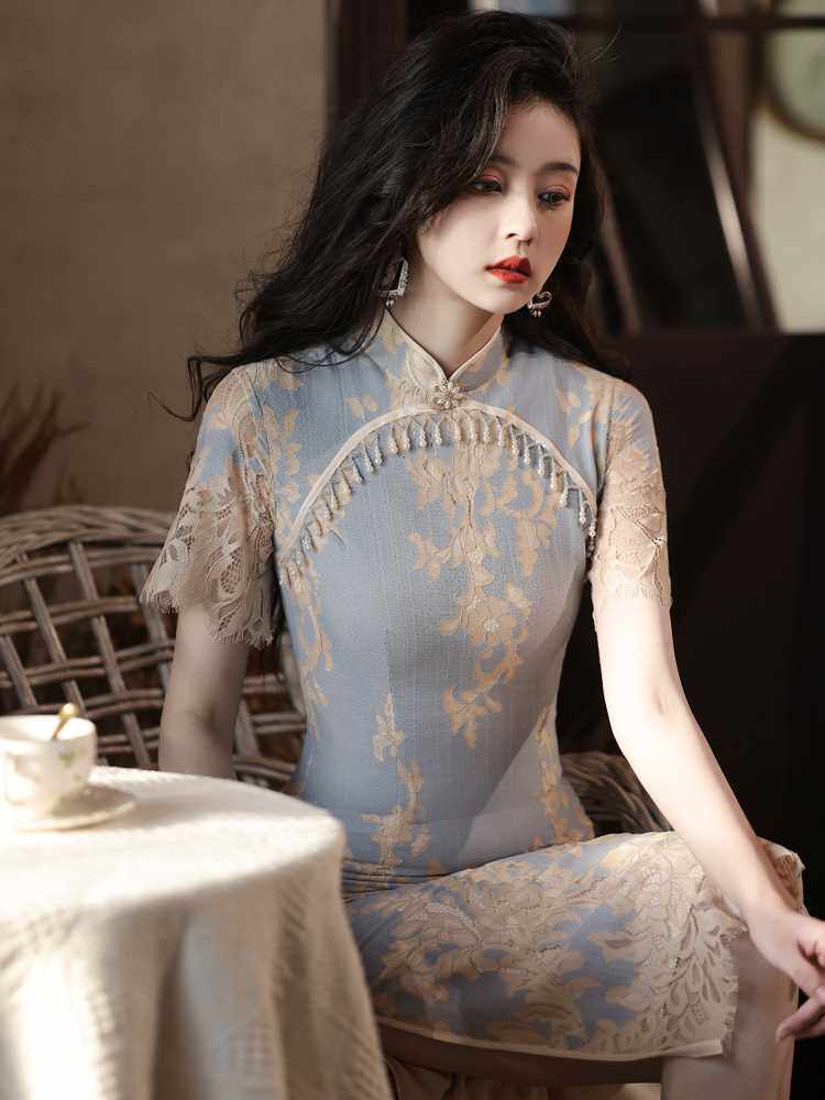 夏季旗袍2022新款复古民国风蚀骨改良旗袍日常气质蕾丝连衣裙少女