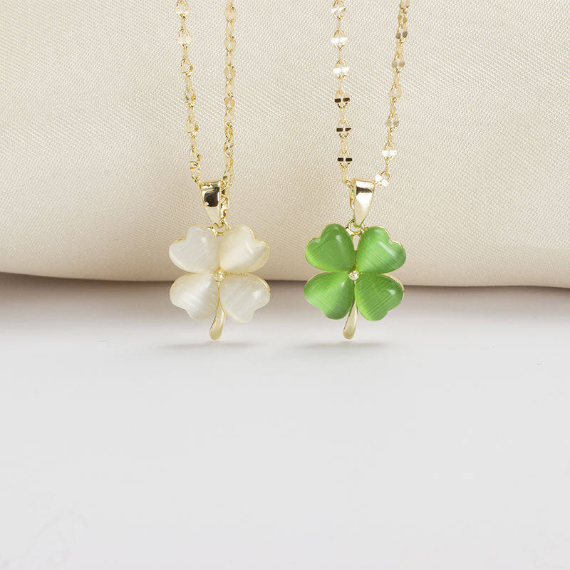 ee饰品心形猫眼石四叶草项链时尚首饰简约镀金项链