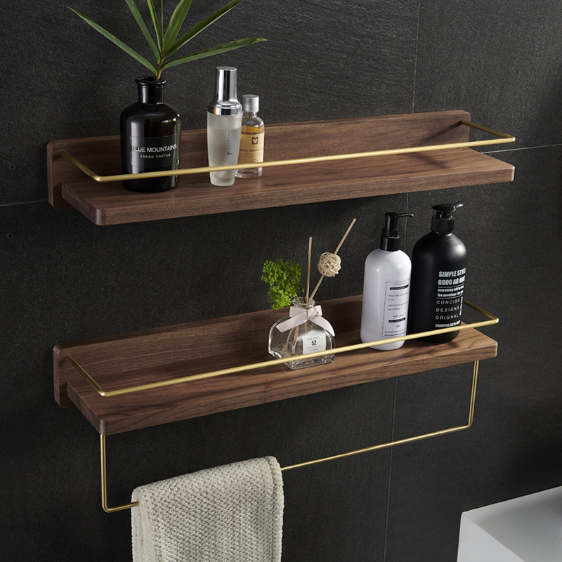 实木卫生间置物架打孔壁挂浴室黄铜毛巾墙上厕所毛巾挂