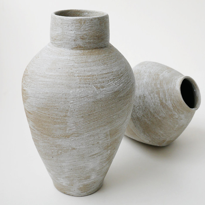 灰白花罐粗陶大号白目刷白釉拉坯允蕥集手工月球花瓶