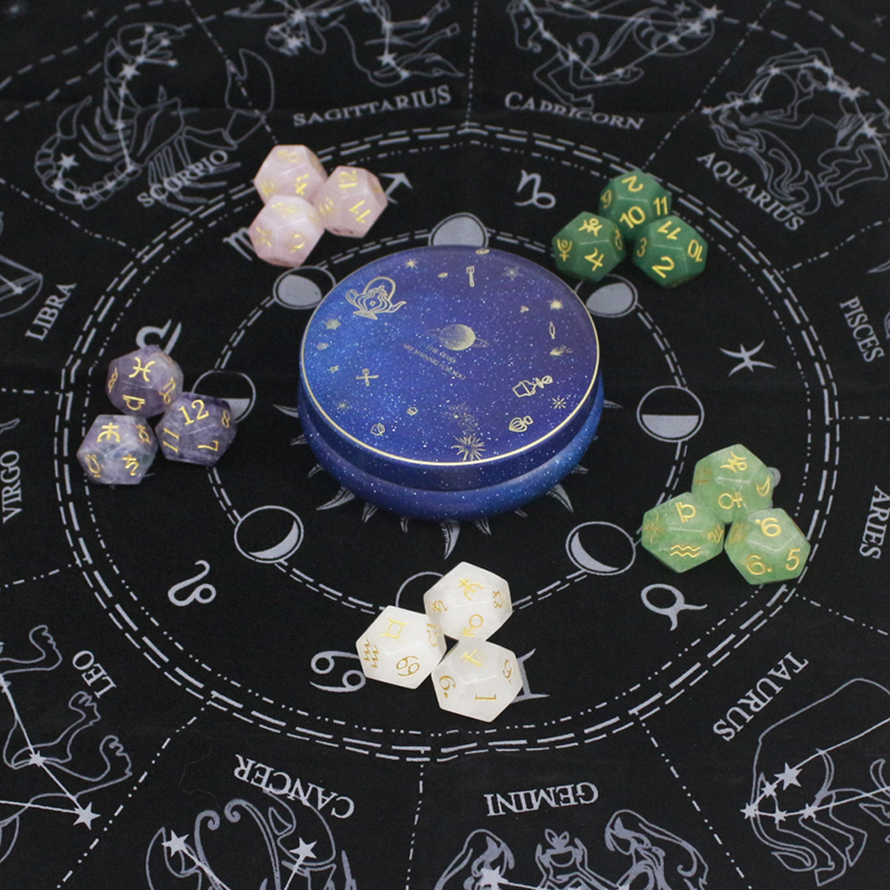 天然水晶骰子十二星座星行筛子收纳铁盒消磁磁石资料色子