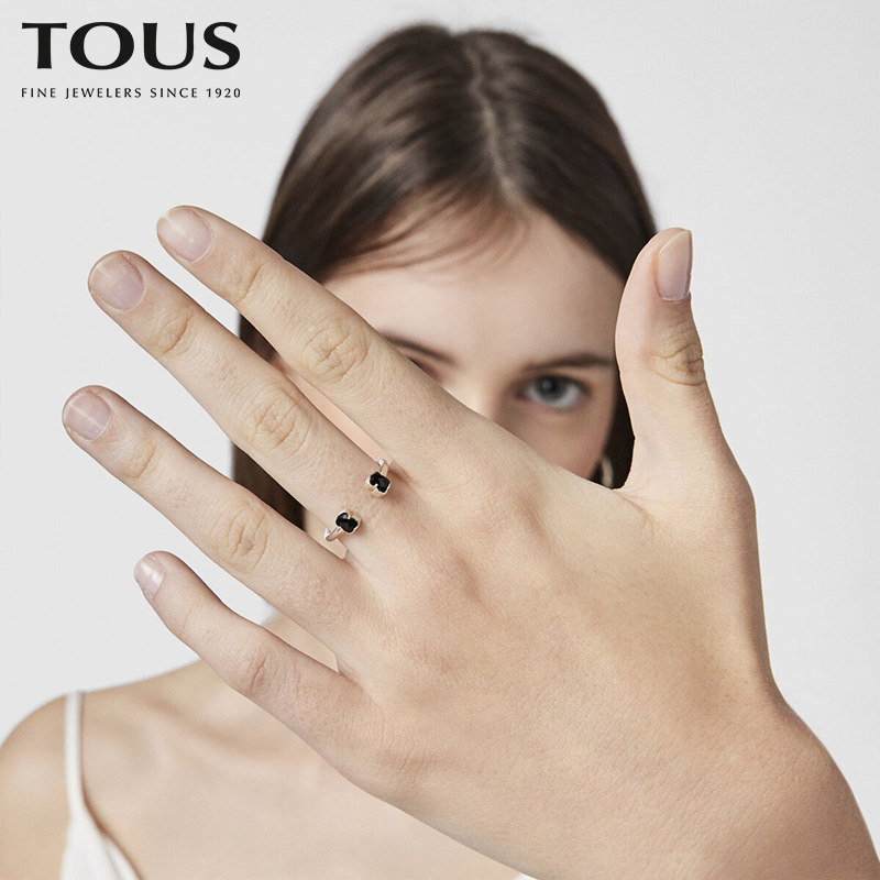 tous桃丝熊镀银玛瑙小熊开口戒指新款情侣礼物戒指