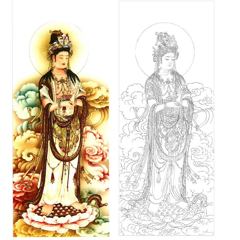 工笔画打印白描底稿竖幅西方三圣结缘佛像初学者国画