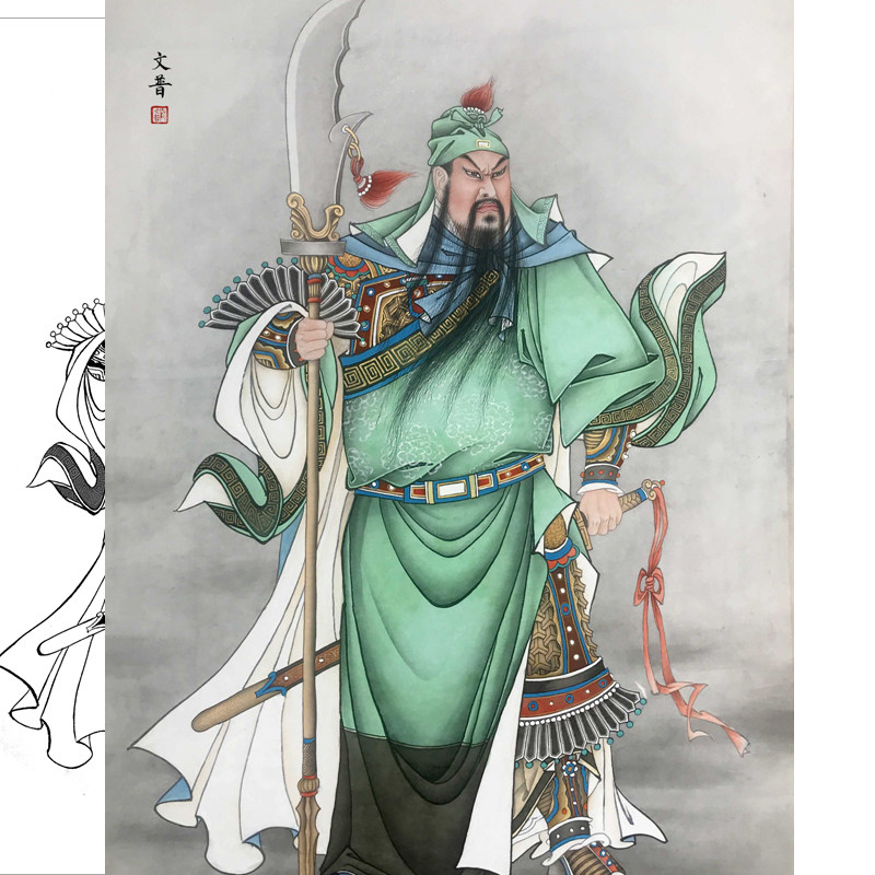 线描练习临摹初学者六尺四尺工笔画打印关公人物国画