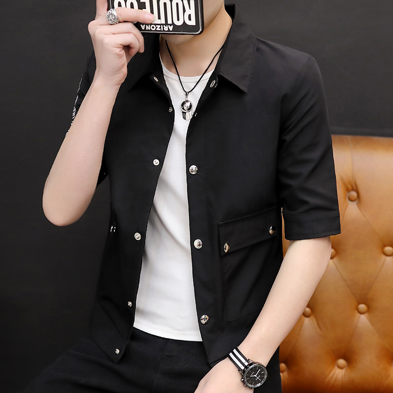 夏季短袖衬衫男韩版工装薄款夹克半衬衣学生修身外穿开衫秋装衣服