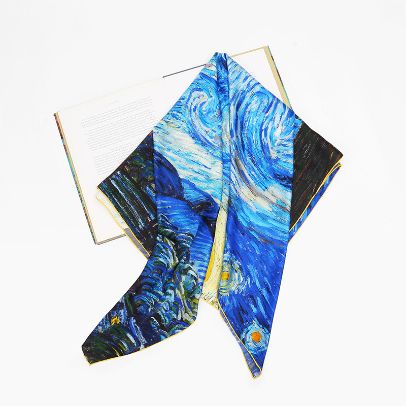 星空丝巾梵高油画真丝素绉艺术收藏桑蚕蚕丝围巾
