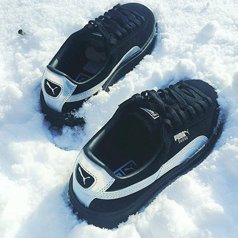 代购正品彪马Puma Suede Platform黑色银边镭射女士松糕厚底板鞋
