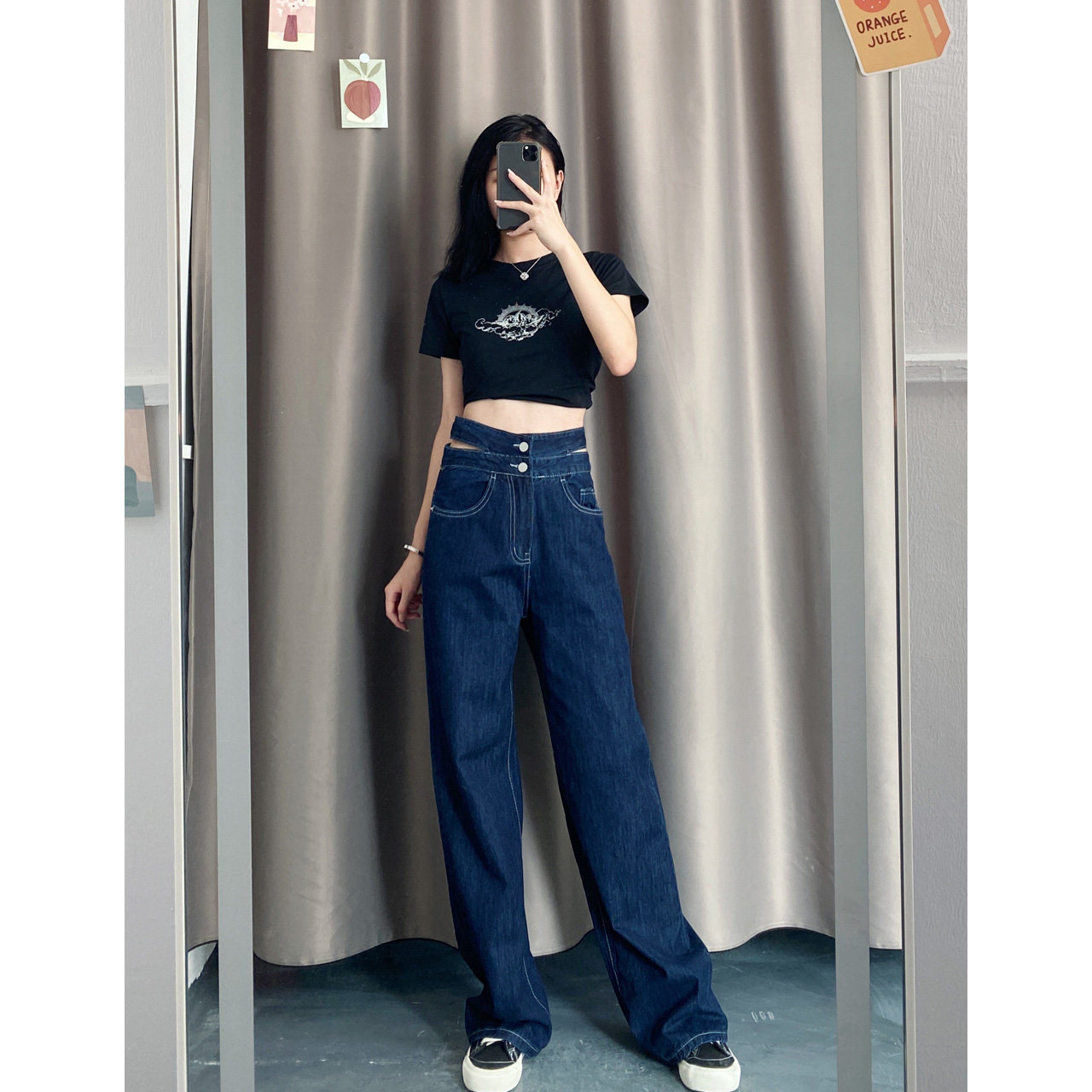 牛仔裤夏季薄款2020年新款露腰设计感宽松显高腰牛仔裤