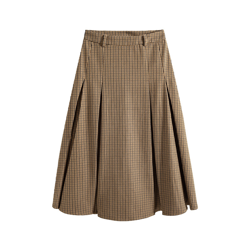 美丽皇帝法式浪漫复古棕色格子中长半身裙