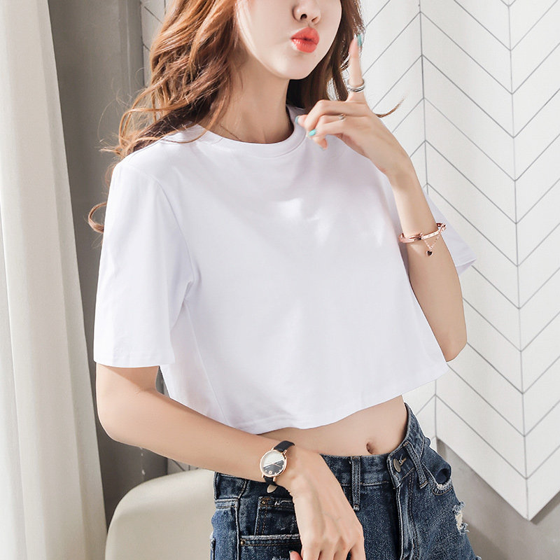 露脐装短袖女2020夏超短纯棉宽松半袖露腰t恤短款漏肚脐上衣高腰 - 冰