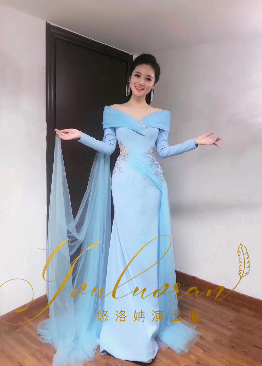 礼服新款蓝色长袖雪纺艺考美声独唱民歌演出服礼服