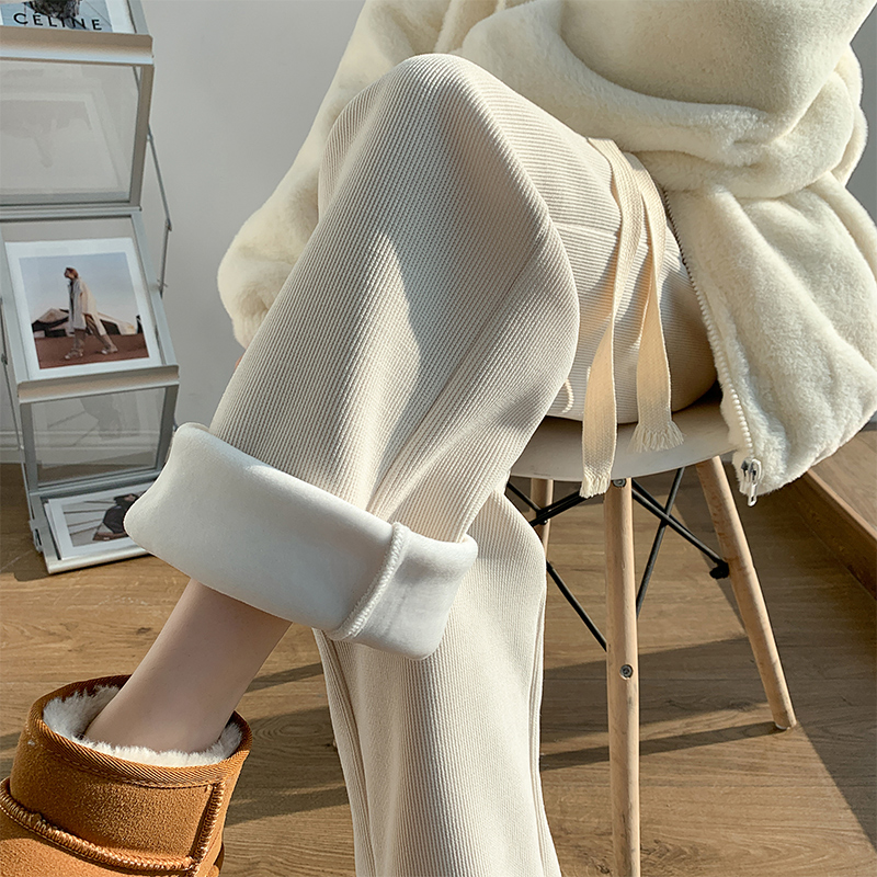 雪尼尔阔腿裤女秋冬季垂感直筒针织裤加绒白色休闲灯芯绒裤子春秋