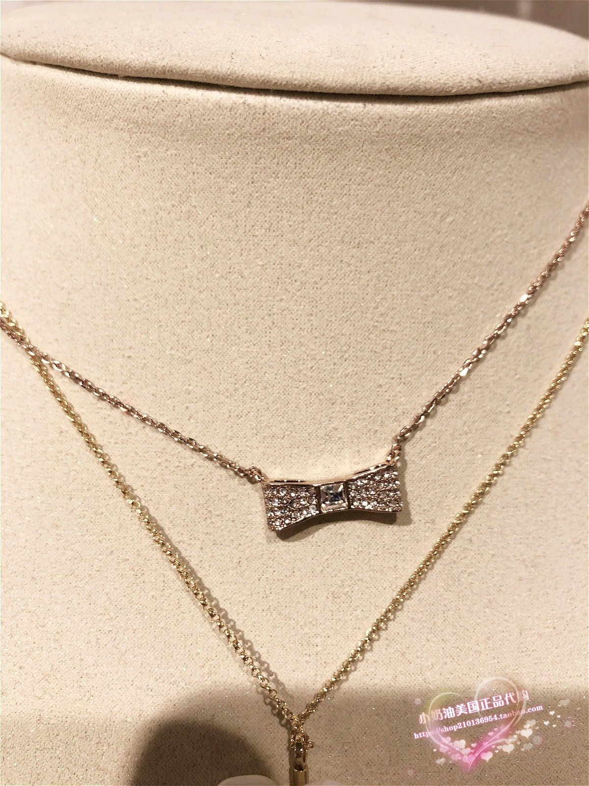 现货奶油美国代购katespade亮钻蝴蝶结玫瑰金色项链