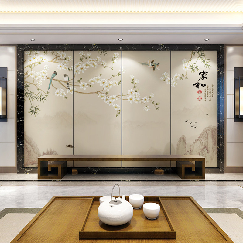 背景墙软包新中式中式富贵富贵花花开花鸟客厅定制背景墙软包