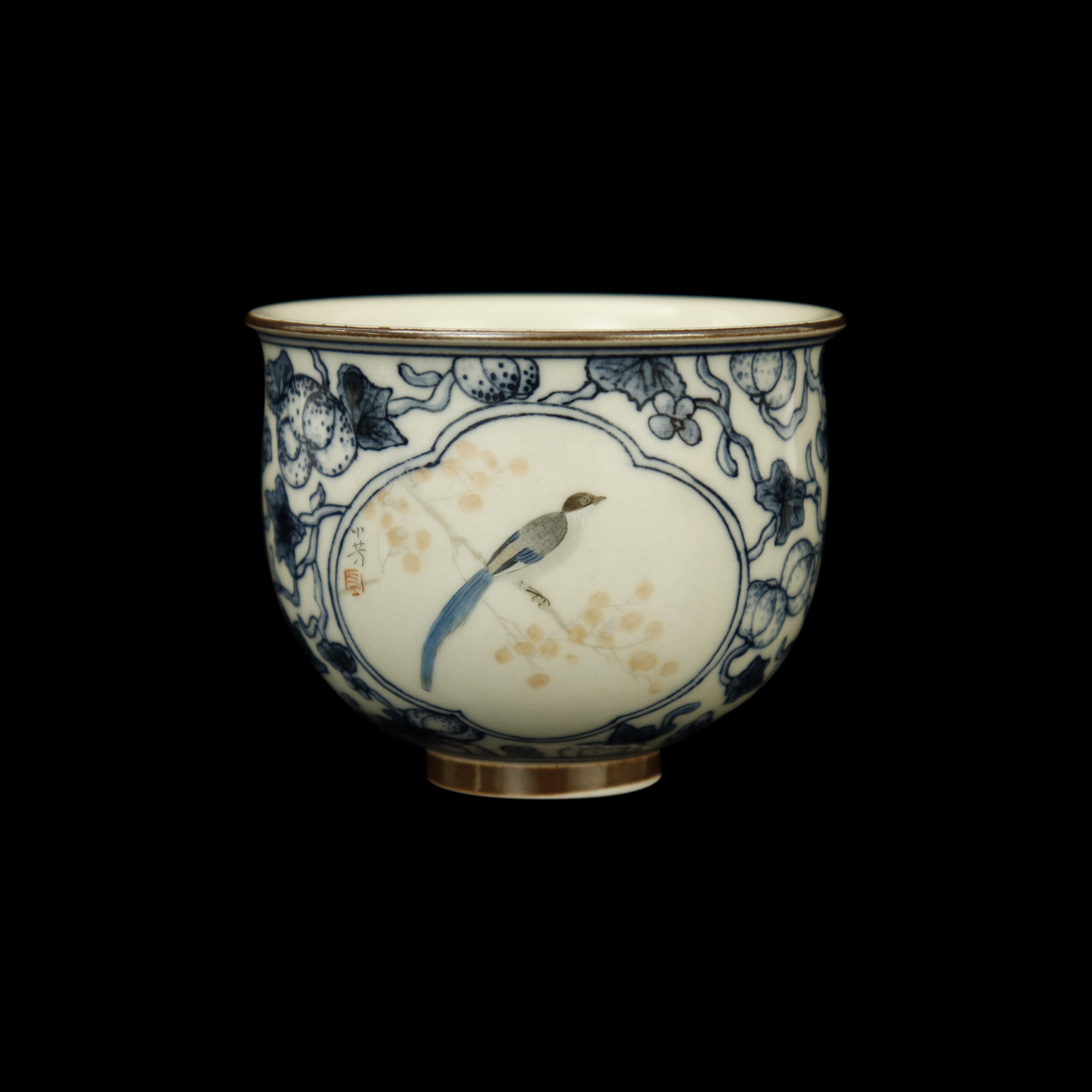 景德镇陶瓷等于堂柴青花开窗小芳手绘中式宫廷风礼茶杯