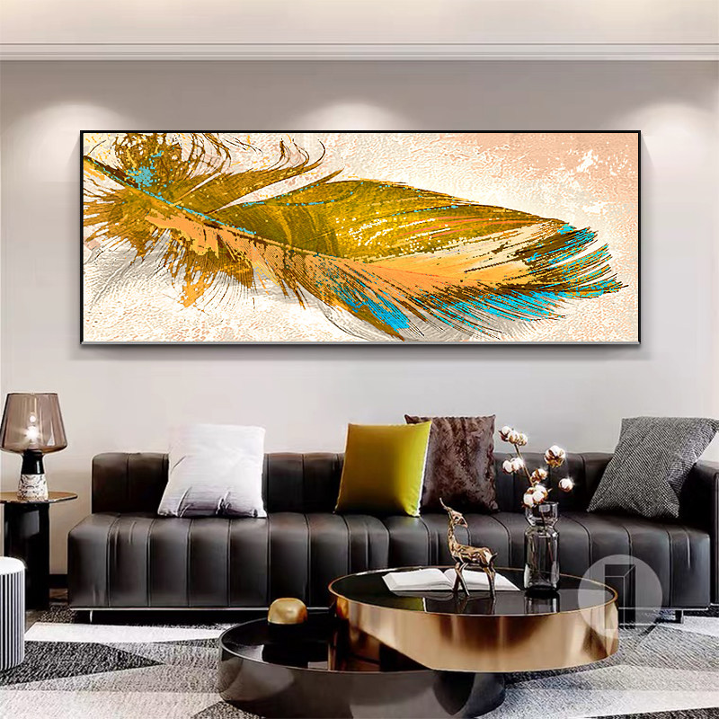 手绘简美金色羽毛油画卧室床头长条轻奢挂画油画