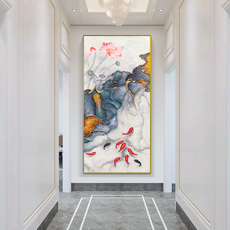入户正对对门玄关荷花九鱼轻奢挂画高端奢华油画