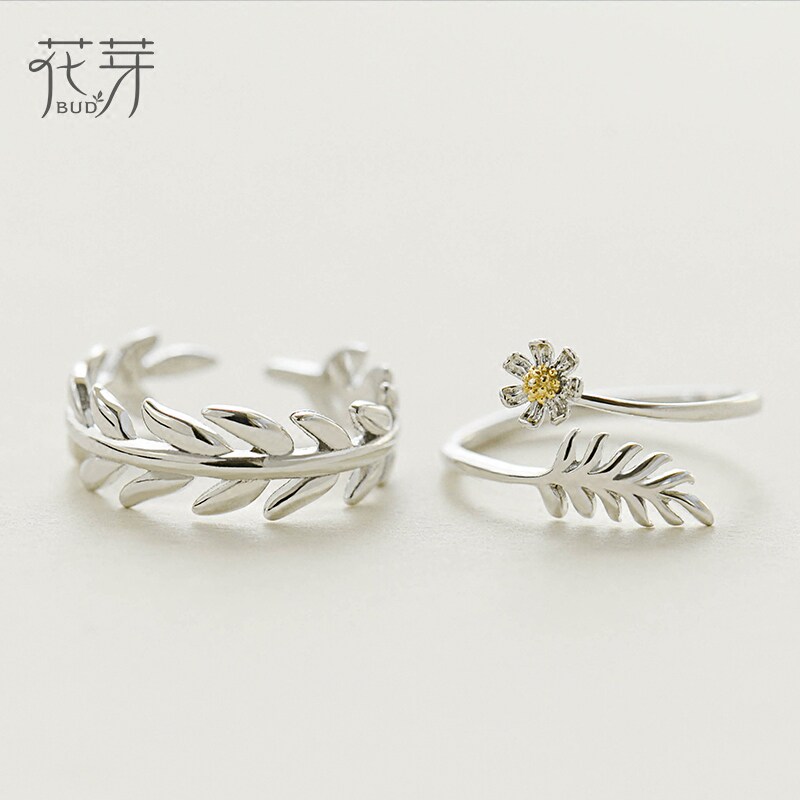 花芽花与叶情侣戒指一对活口纯银男女对戒日韩简约饰品情人节礼物