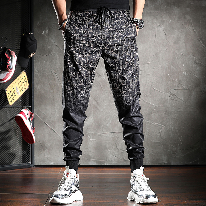 春季轻奢高端休闲裤男时尚印花冰丝裤子男垂感宽松运动束脚裤潮牌