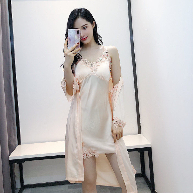 春秋性感刺绣蕾丝露背睡裙女夏小胸吊带胸垫睡袍