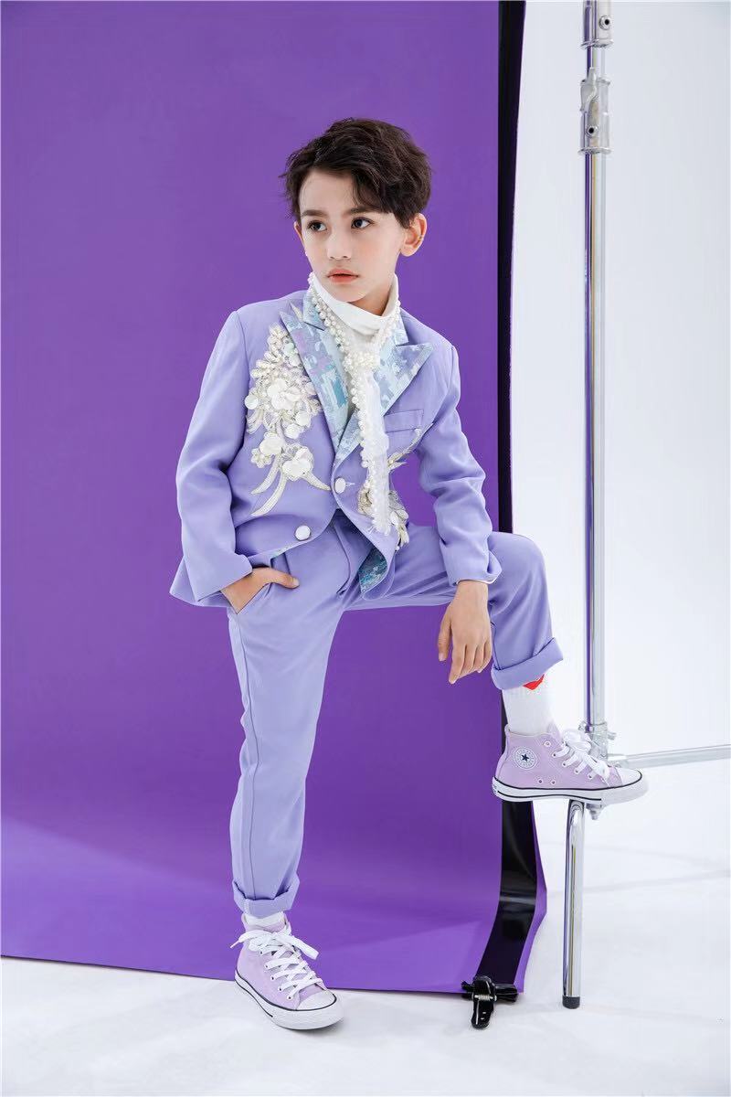 出租出售新款男童模特走秀紫色西服套装演出服儿童礼服