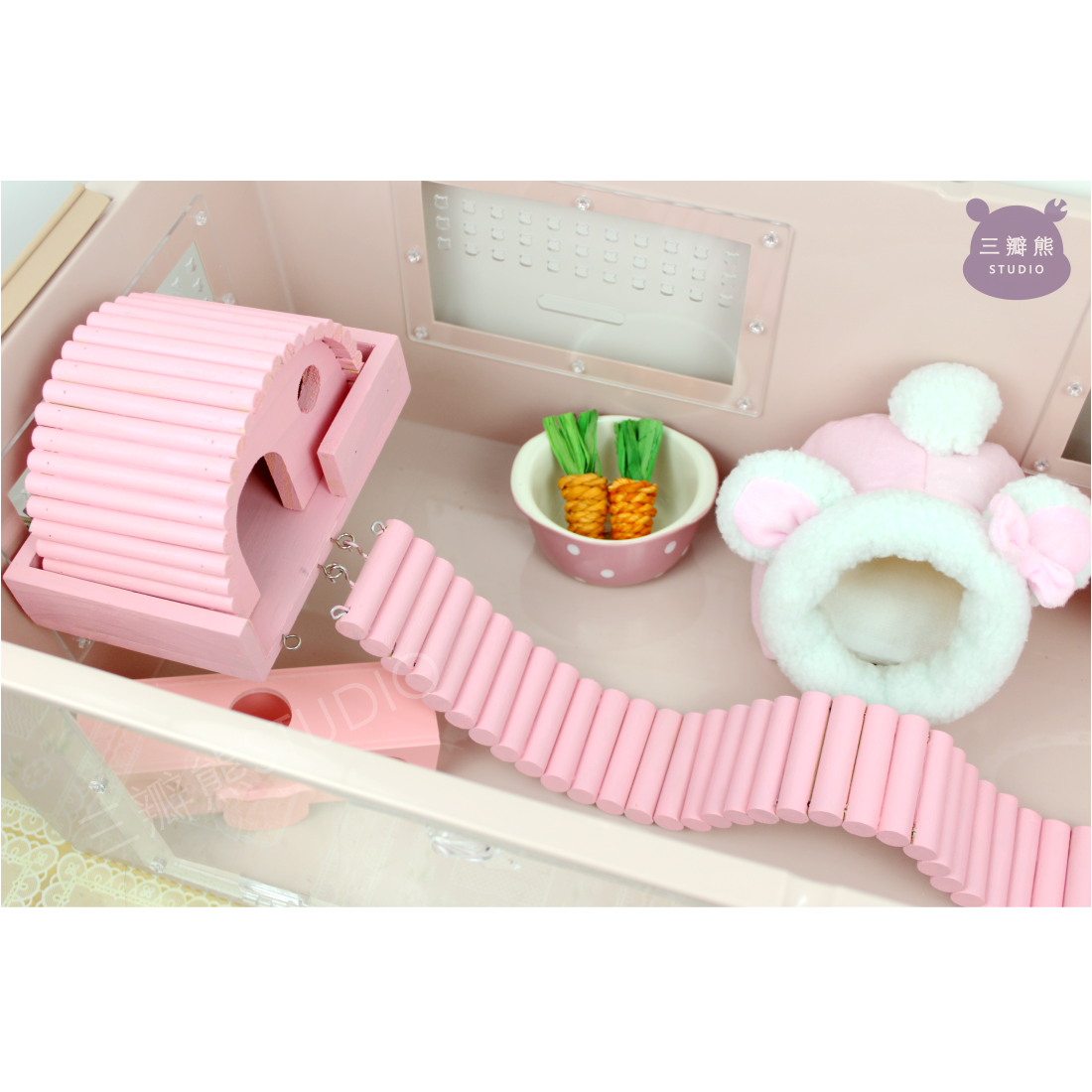 粉色系家具集合 仓鼠笼刺猬整理箱diy用品造景站台跑轮玩具垫料