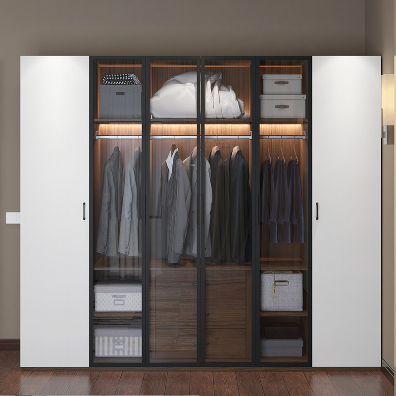 现代简约5门开门衣柜玻璃门轻奢卧室衣帽间储物柜北欧衣柜