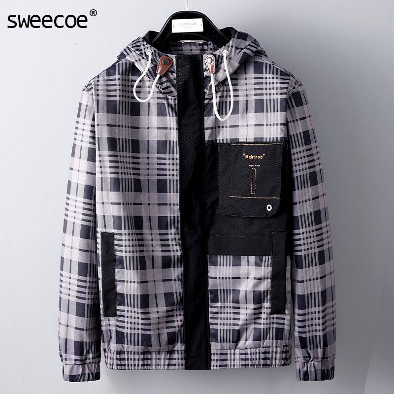 格子休闲拼色潮牌网红ins立领夹克男士潮流休闲外套男生春秋上衣