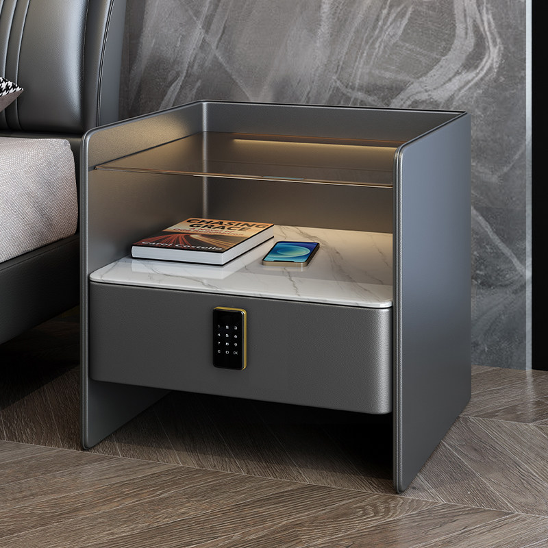 轻奢智能床头柜简约现代实木岩板床边充电密码锁床头柜