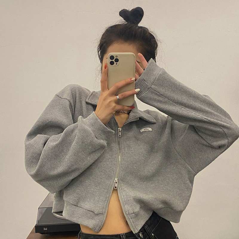 vintage古着卫衣外套女2021春秋薄款设计感小众短款学生宽松上衣