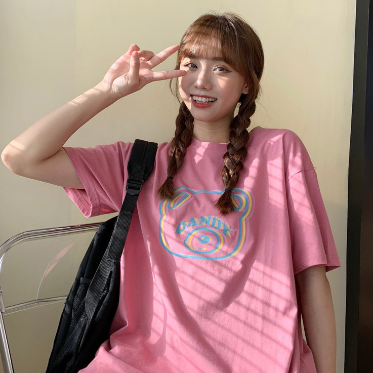 日系古着少女感小熊印花短袖t恤女夏装宽松显瘦学生ins潮超火上衣