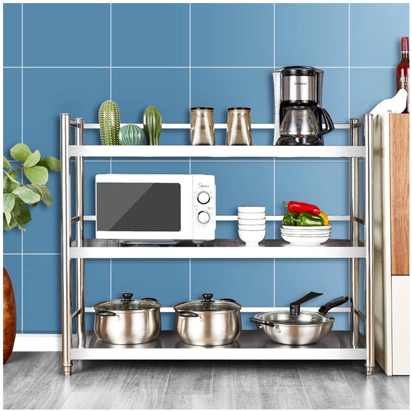 不锈钢置物架厨房收v纳落地多层微波炉白钢三层储物货架带围栏锅